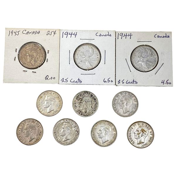 [10 Coins] 1944-1945 Silver Canada 25c HIGH GRADE