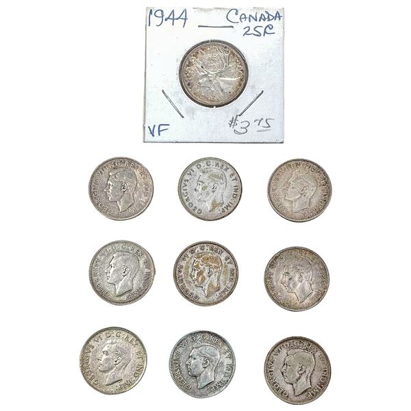 [10 Coins] 1944 Silver Canada 25c HIGH GRADE