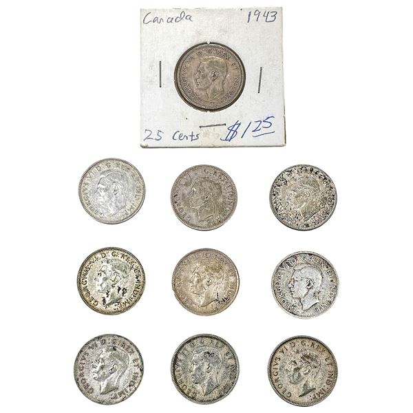 [10 Coins] 1943-1946 Silver Canada 25c HIGH GRADE