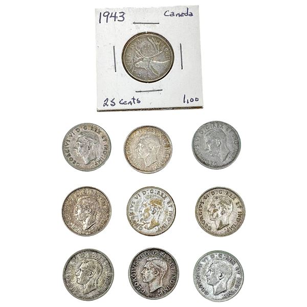 [10 Coins] 1943-1945 Silver Canada 25c HIGH GRADE