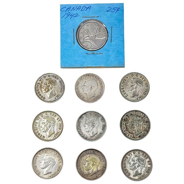 [10 Coins] 1942 Silver Canada 25c HIGH GRADE