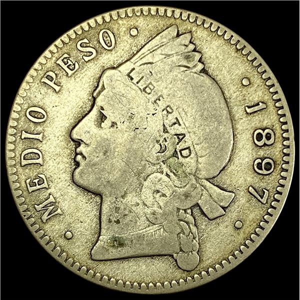 1897 Dominican Republic Silver 1/2 Peso ABOUT UNCIRCULATED