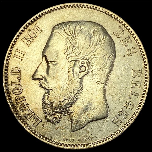 1868 Belgium Silver 5 Francs CLOSELY UNCIRCULATED