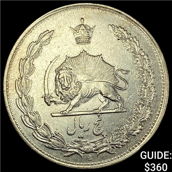 1932 Iran Reza Shah Silver 5 Rials CLOSELY UNCIRCULATED