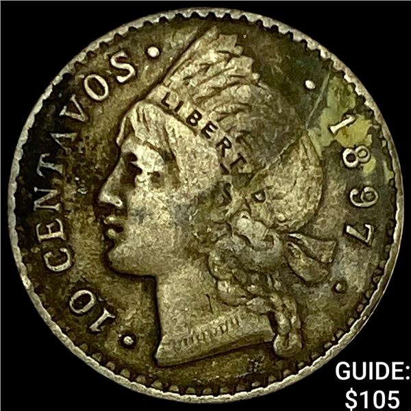 1897 Dominican Rep Silver 10 Centiaos NEARLY UNCIRCULATED