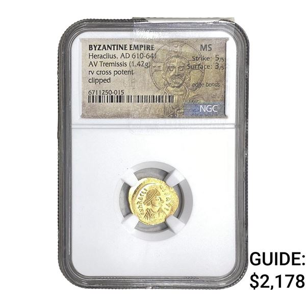 Byzantine Heraclius 610-641 AD Gold Tremissis NGC MS