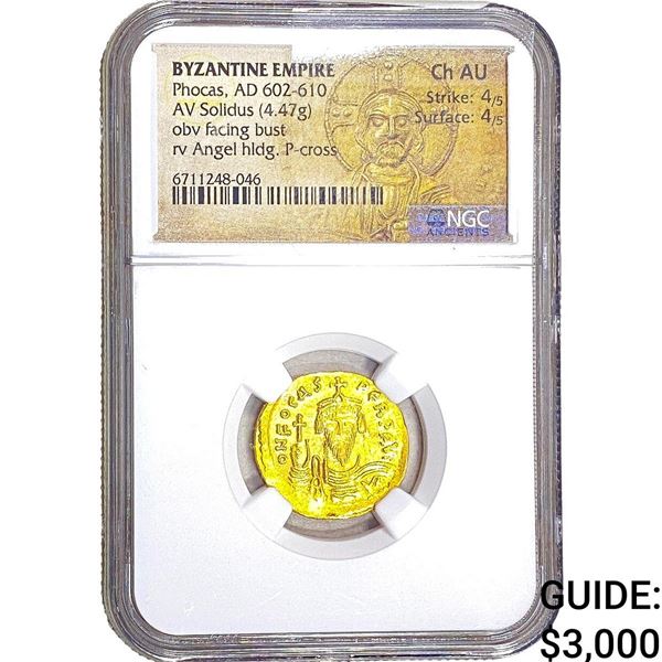 Byzantine Phocas 602-610 AD Gold Solidus  Ch AU
