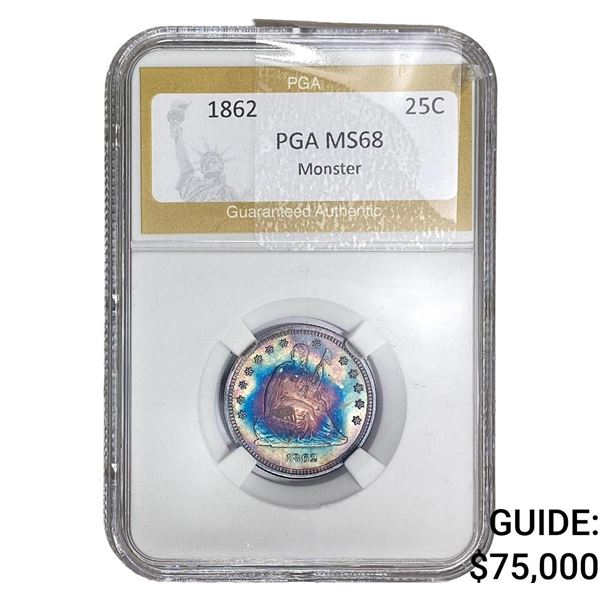 1862 Seated Liberty Quarter PGA MS68 Monster