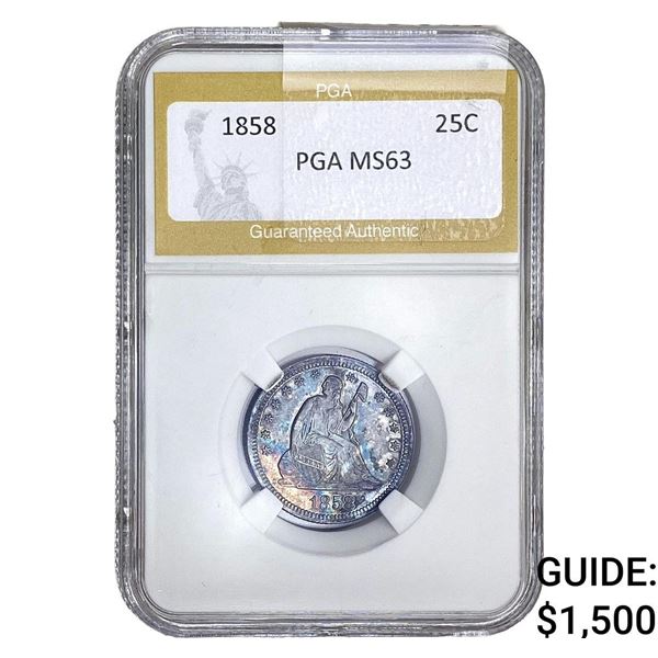 1858 Seated Liberty Quarter PGA MS63