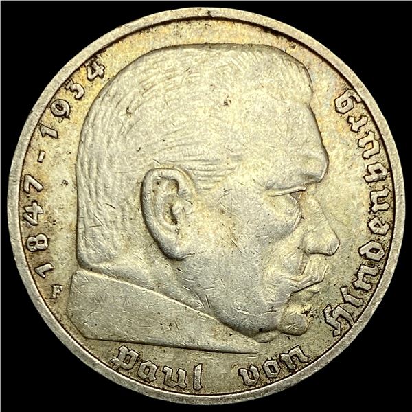1938-F Germany Silver 5 Reichsmark CLOSELY UNCIRCULATED