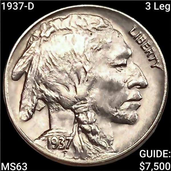 1937-D 3 Leg Buffalo Nickel CHOICE BU