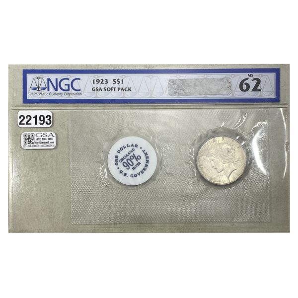 1923 Silver Peace Dollar GSA Soft Pack NGC MS62
