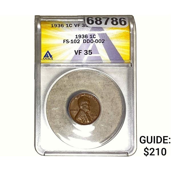 1936 Wheat Cent ANACS VF35 FS-102 DDO-002