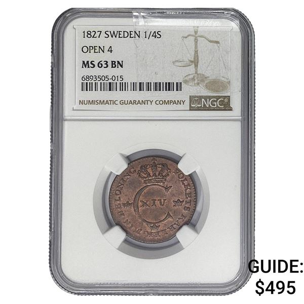 1827 Sweden 1/4 Skilling Open 4 NGC MS63 BN