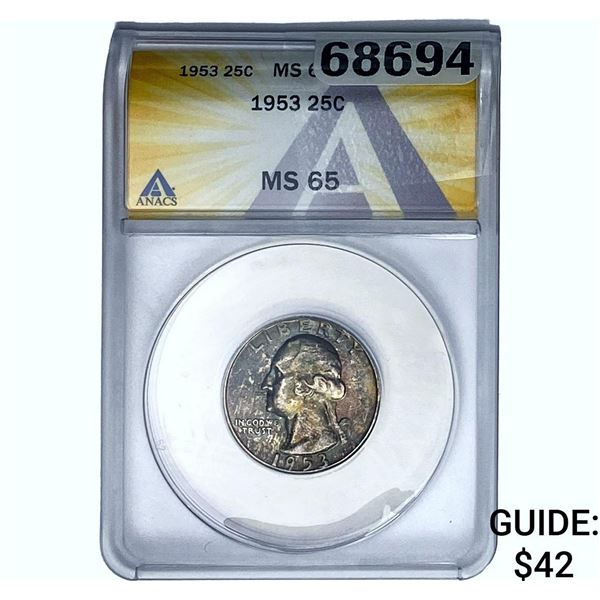 1953 Washington Silver Quarter ANACS MS65