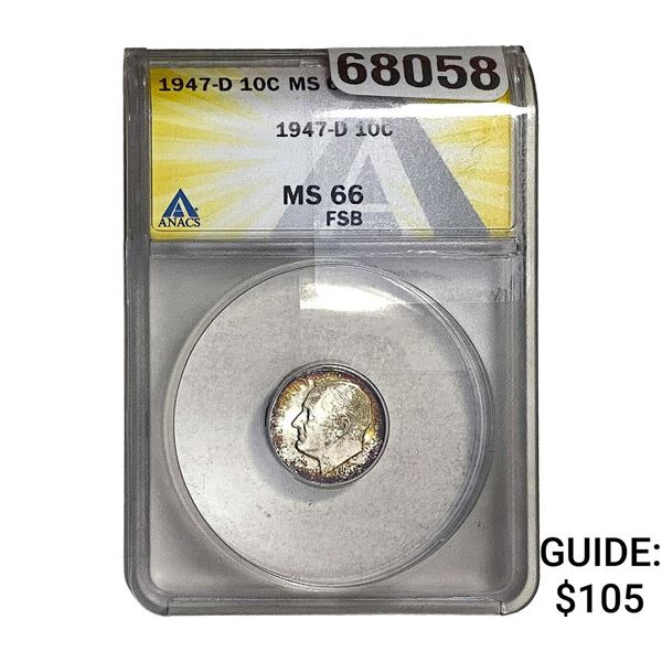1947-D Roosevelt Dime ANACS MS60 FSB