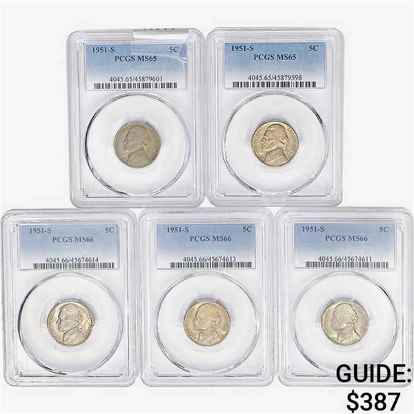 [5 Coins] 1951-S Jefferson Nickel PCGS MS65-66