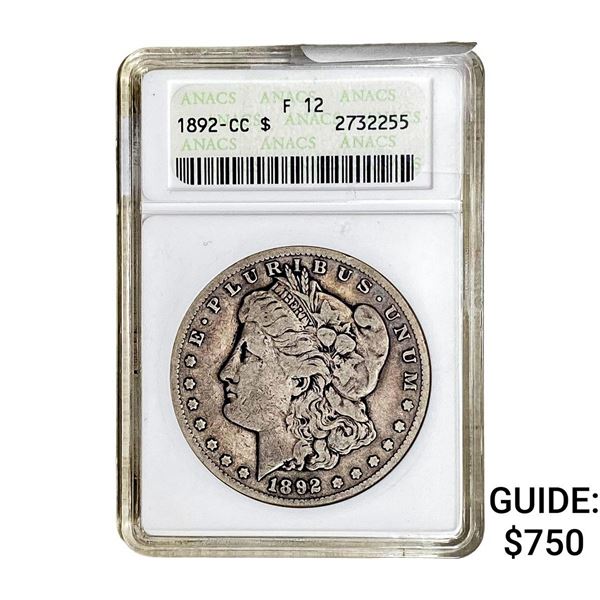 1892-CC Morgan Silver Dollar ANACS F 12