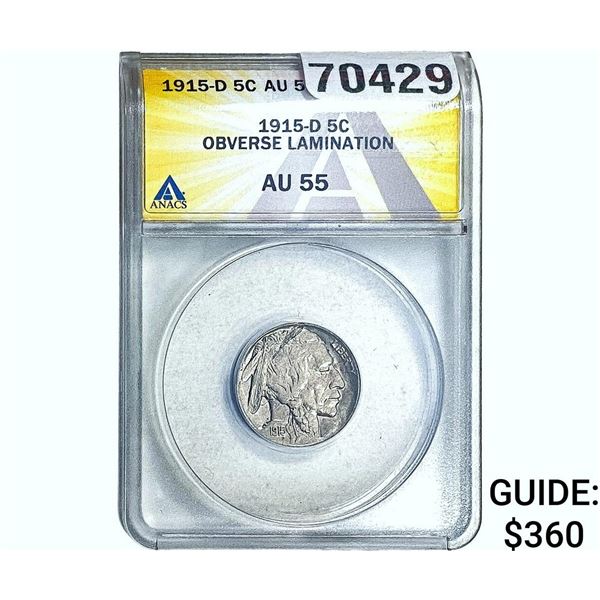1915-D Buffalo Nickel ANACS AU55 Obv. Lamination