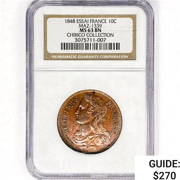1848 Essai France 10 Centimes NGC MS63 BN