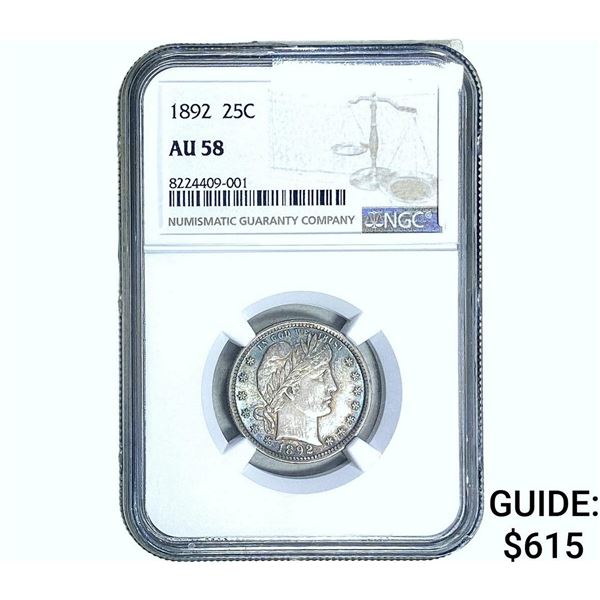 1892 Barber Quarter NGC AU58