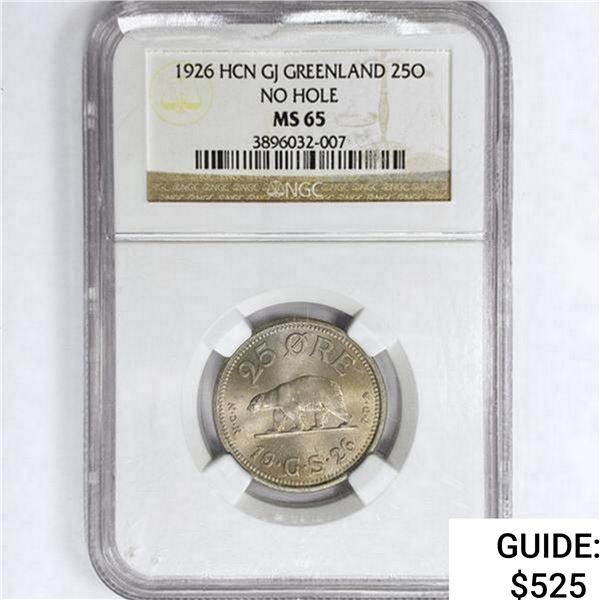 1926 HCN GJ 25Ã˜re Greenland NGC MS65 No Hole