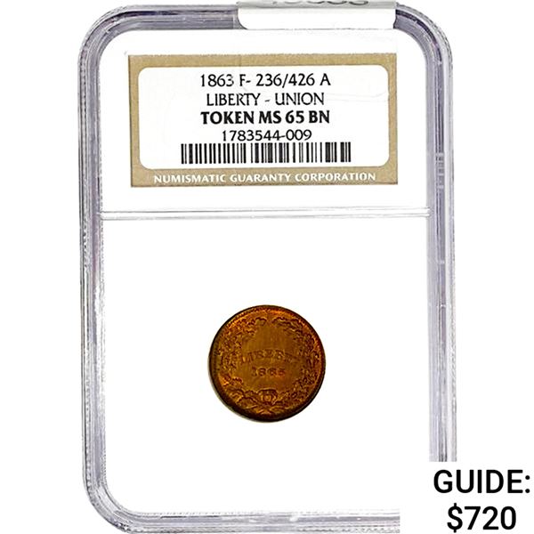 1863 Liberty Union Token NGC MS65 BN F-236/426a