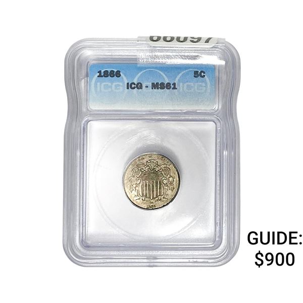 1866 Shield Nickel ICG MS61