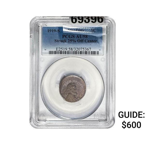 1919-S Wheat Cent PCGS AU58 Struck 25% Off Center