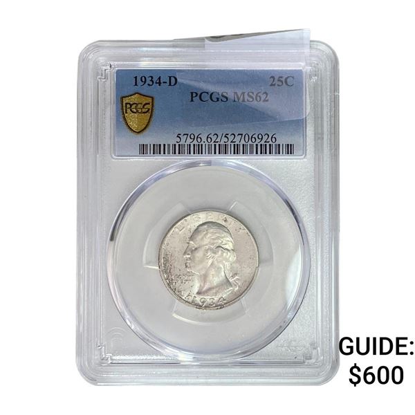 1934-D Washington Silver Quarter PCGS MS62
