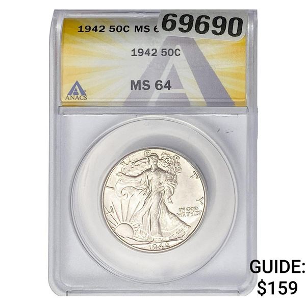 1942 Walking Liberty Half Dollar ANACS MS64