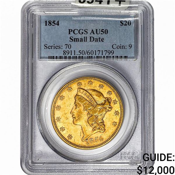 1854 $20 Gold Double Eagle PCGS AU50