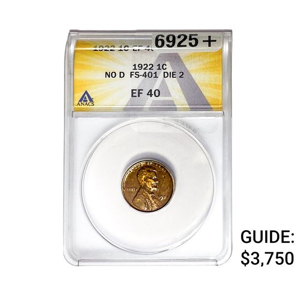 1922 No D Wheat Cent ANACS EF40
