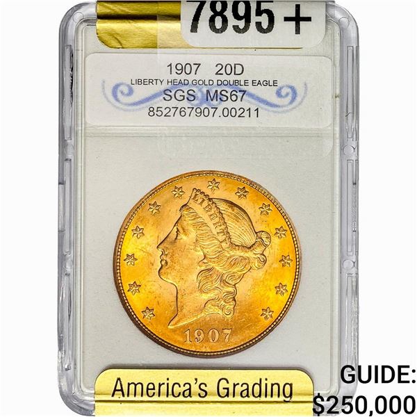 1907 $20 Gold Double Eagle SGS MS67