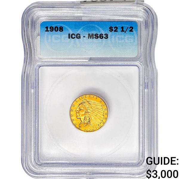 1908 $2.50 Gold Quarter Eagle ICG MS63