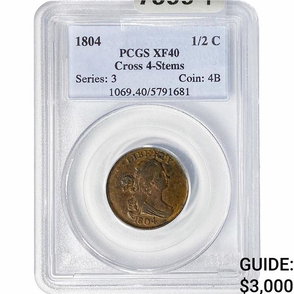 1804 Draped Bust Half Cent PCGS XF40 Cross 4-Stems