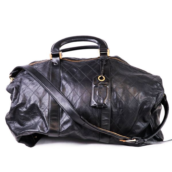 Vintage 1980s Chanel Black Quilted Lambskin Boston Duffle with Strap