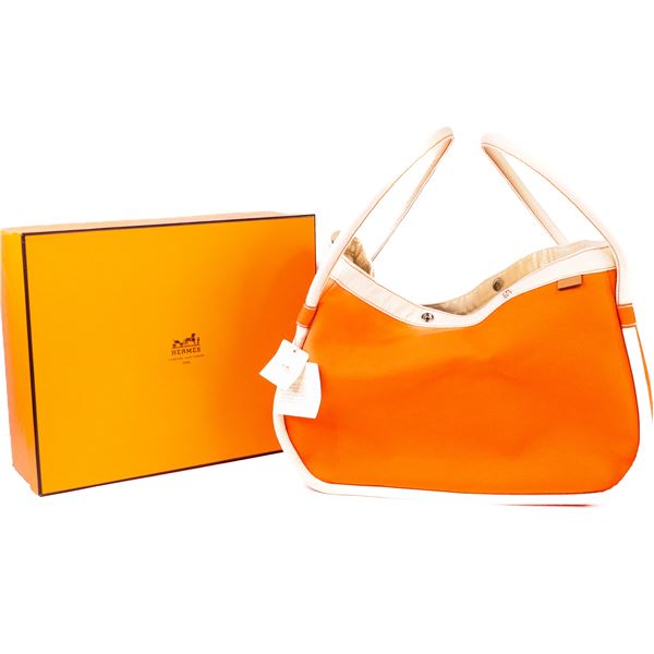 Hermes Lindy Beach Tote PM with Pouch & Box â€“ Orange Canvas & Ivory Trim
