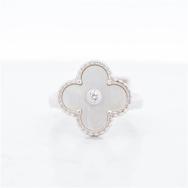 18KWG Van Cleef & Arpels 0.05ct Diamond Vintage Alhambra MOP Ring, 4.75