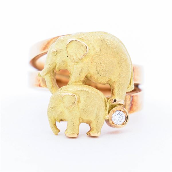 18KYG Mama and Baby Elephant Ring Size 7