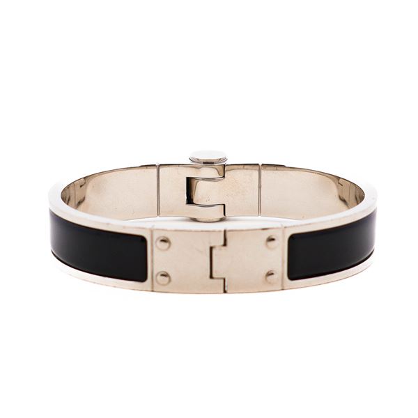 Hermes Palladium Plated Charniere Enamel Narrow Hinged Bracelet 6.75"