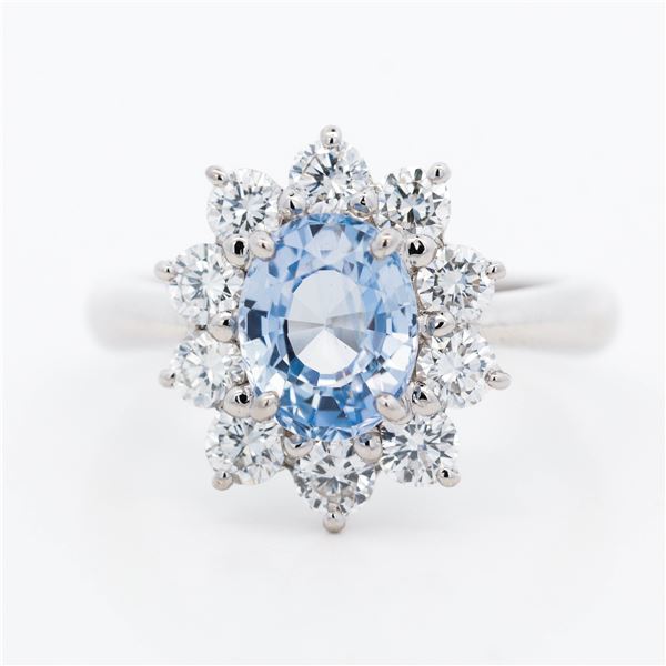 Pt950 1.75ct No-Heat Madagascar Sapphire & 0.83ctw Natural Diamond Cluster Ring w/Report, 5.75