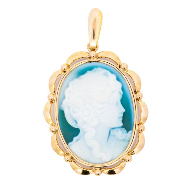 18KYG Blue Agate Stone Cameo Pendant â€“ Classical Profile