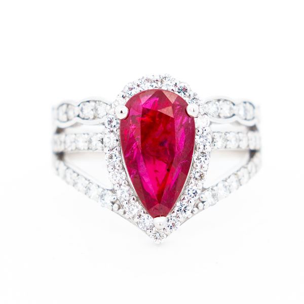 Pt950 AIGS 2.03ct Mozambique No Heat Pigeons Blood Ruby 1.01ctw Natural Diamond Ring, 6.75