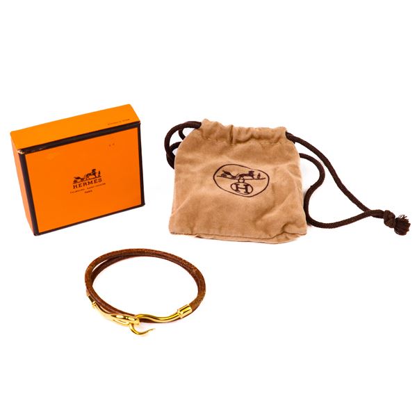 18KGP Hermes Leather Wrap Bracelet with Hermes Box & Pouch
