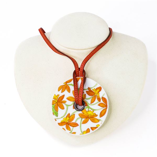 Hermes Porcelain "Jardin des Orchidees" Pendant Necklace â€“ Leather Cord