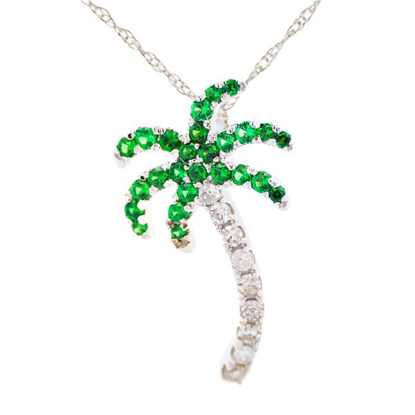 14KWG Tsavorite and Diamond Palm Tree Pendant Necklace 18"