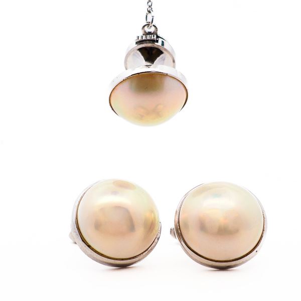 Sterling Silver Tasaki Mabe-Pearl Dress-Set (Cufflinks & Tie Tack)