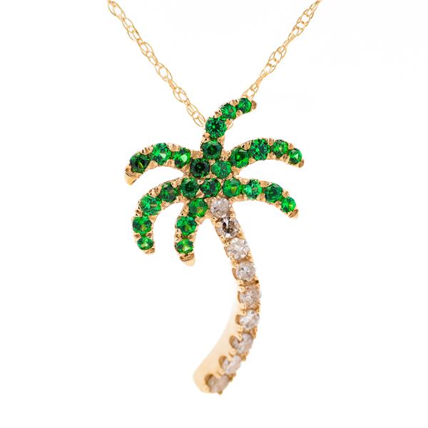 14KYG Tsavorite and Diamond Palm Tree Pendant Necklace 18" .27cttw tsv .11cttw dias