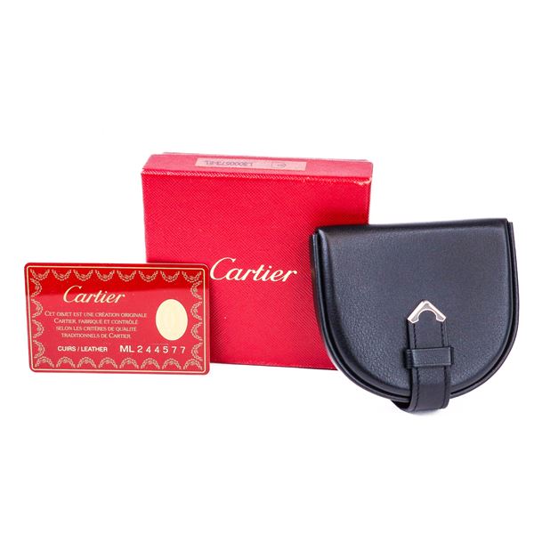 Cartier Black Leather Coin Case â€“ Silver Tone Hardware, Box & Auth. Card